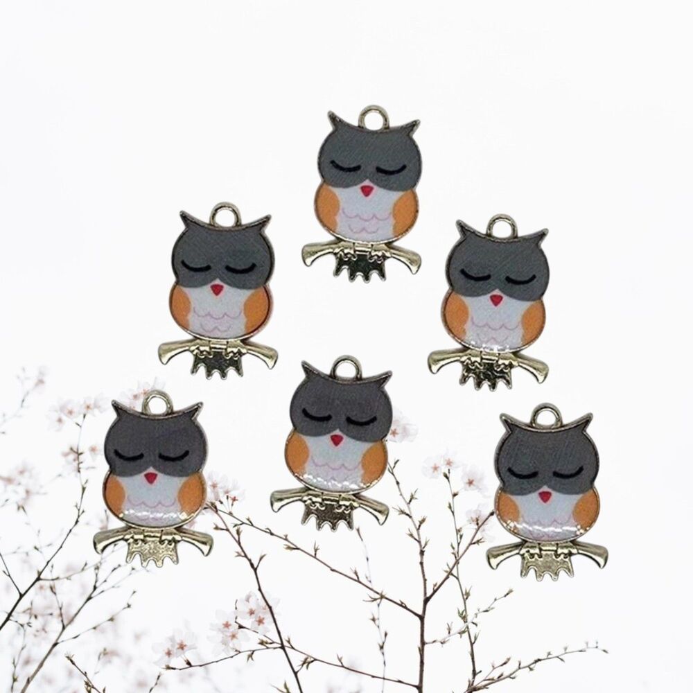 6pcs Beads for Jewelry Making Orange Grey Enamel Owl Charms #18326